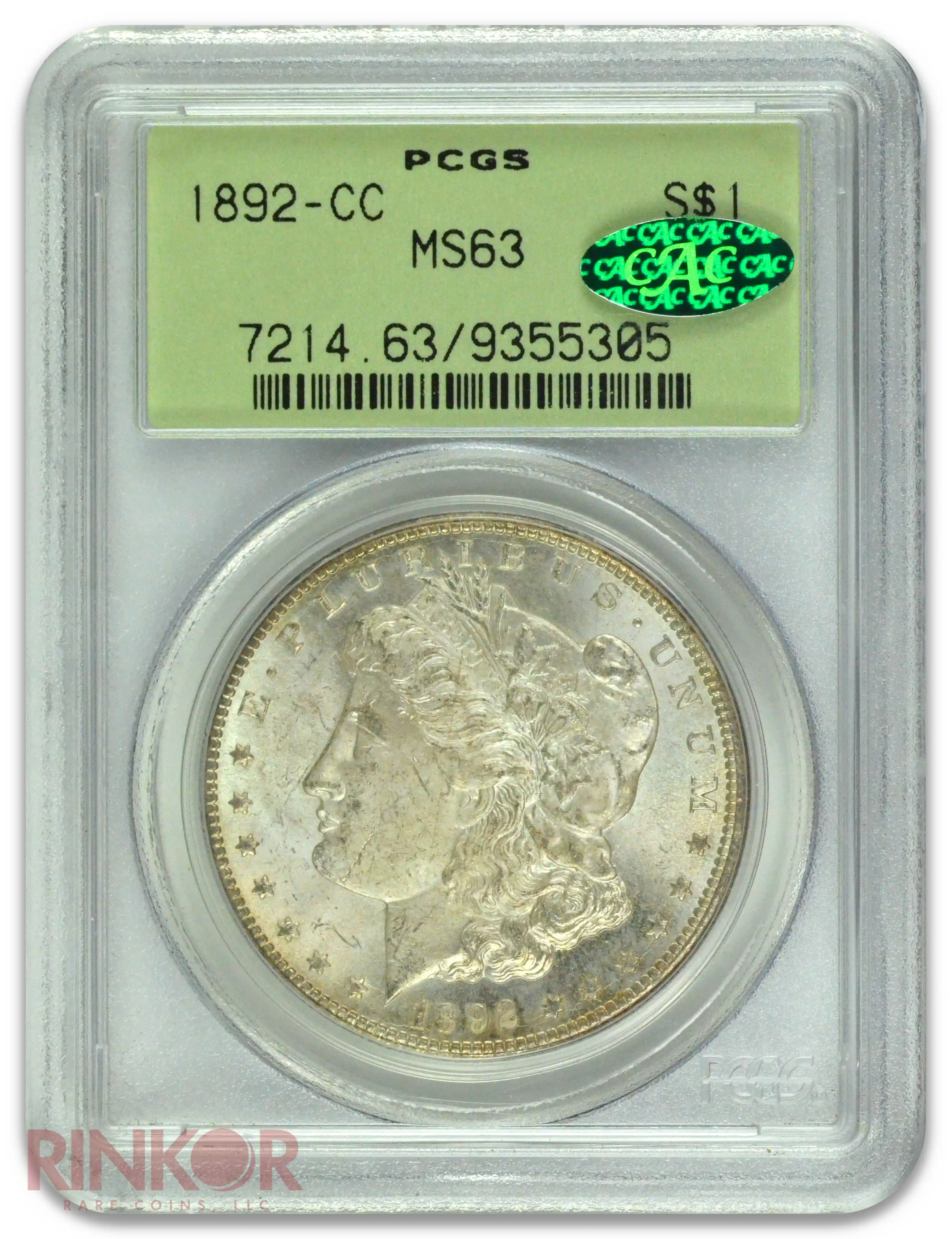 1892-CC $1 Morgan Dollar PCGS MS 63 CAC