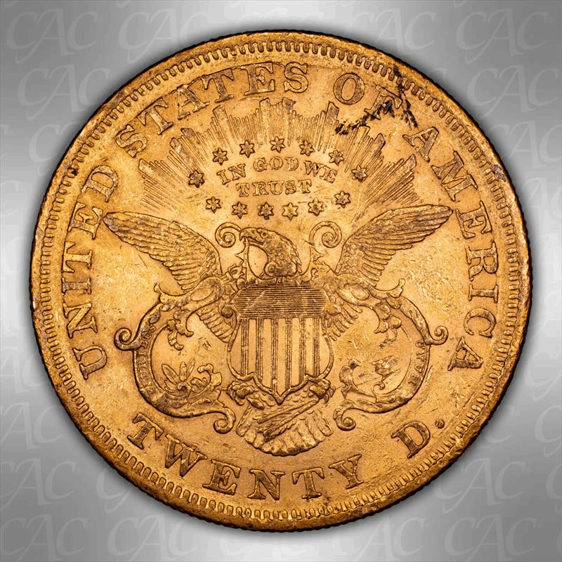 1866 Motto $20 CACG AU-58