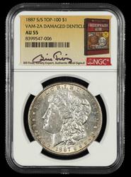 1887 S/S $1 VAM 2 A Damaged Denticles Top 100 Bill Fivaz Signature Label NGC AU-55