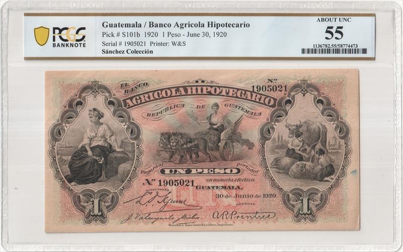 1920 Guatemala 1 Peso S101b PCGS AU55 Sanchez Coleccion 