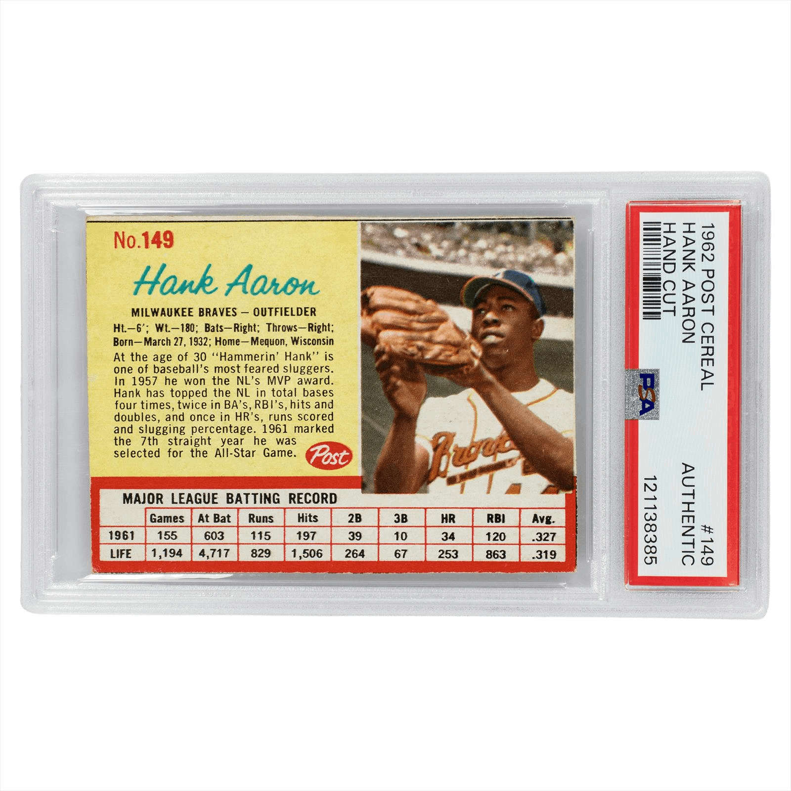 1962 Post Cereal Hank Aaron Hand Cut #149 PSA Authentic Cert #121138385