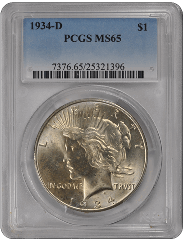 1934-D $1 Peace Dollar PCGS  #3684-9 MS65