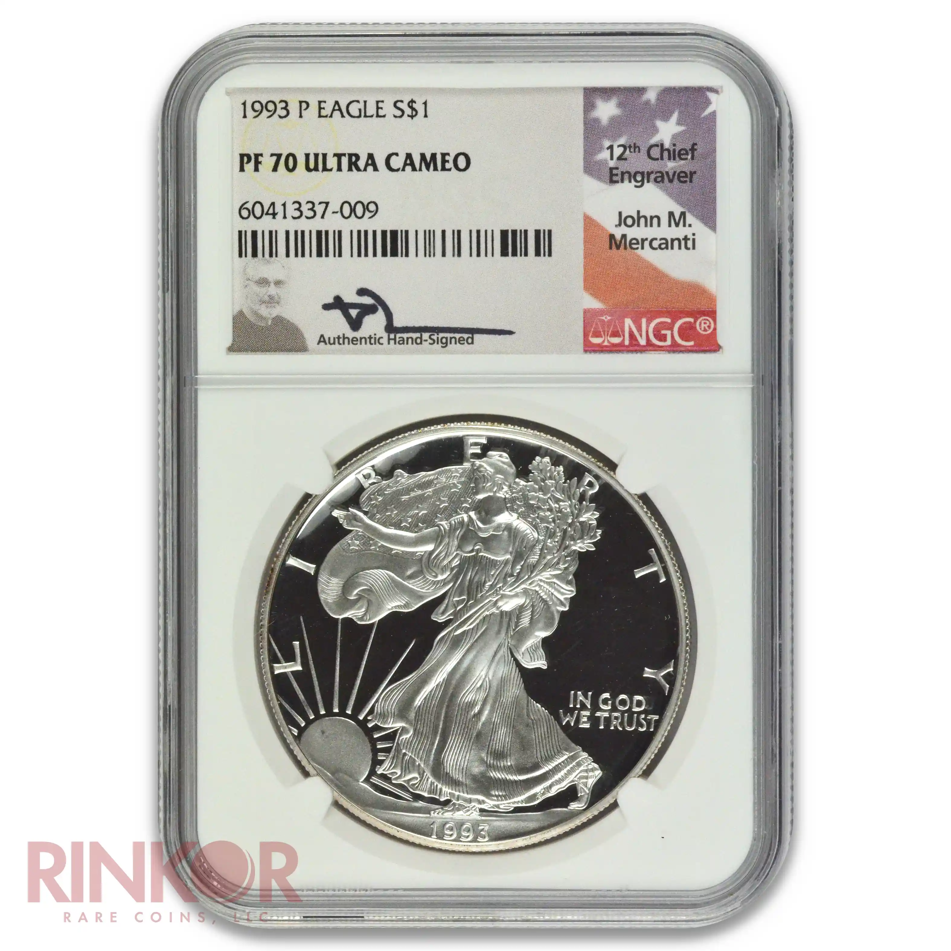 1993-P 1oz Proof American Silver Eagle Mercanti Signature NGC PF 70 