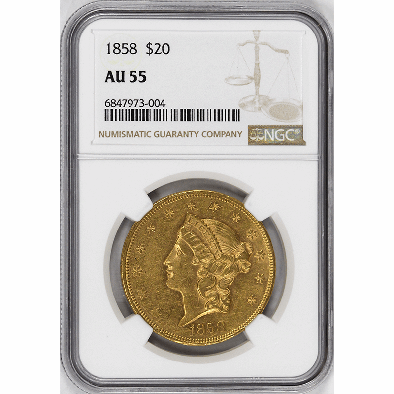 1858 $20 Liberty Head Gold Double Eagle - NGC AU55 - Nice Lustrous Coin