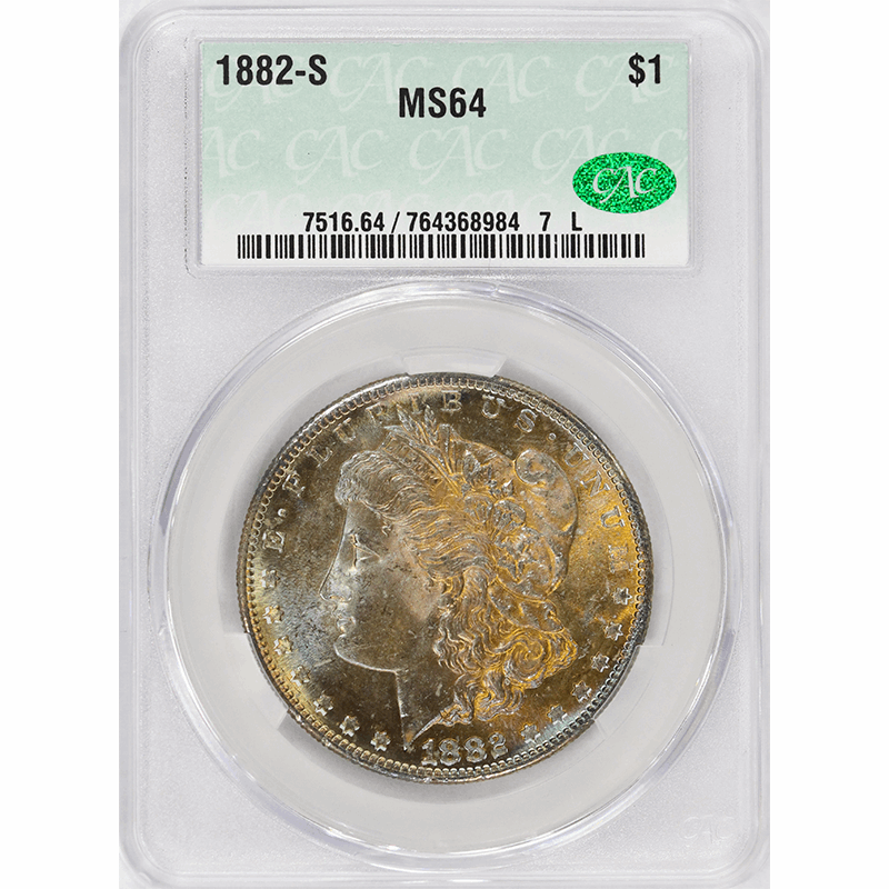 1882-S $1 Morgan Silver Dollar - CACG MS64 CAC - PQ+, Lustrous Rainbow Toning