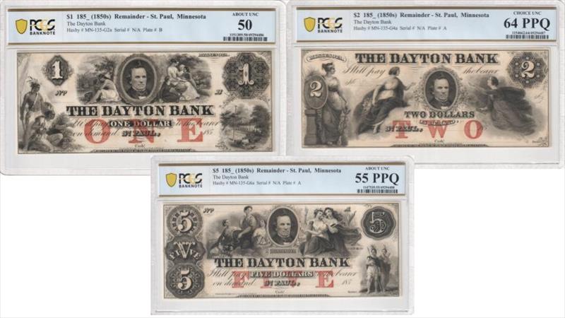 St. Paul, Minnesota The Dayton Bank Remainder Set $1 $2 & $5 PCGS 