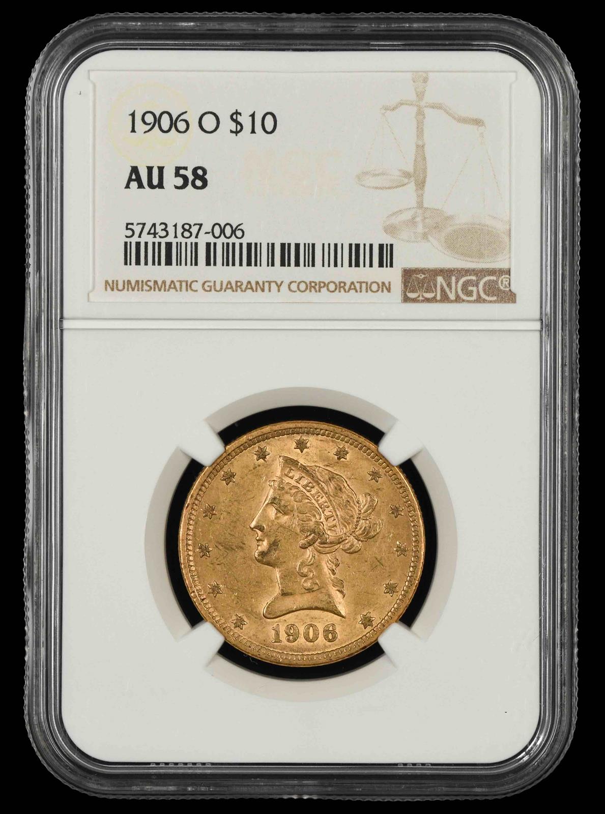 1906 O $10 Gold NGC AU58