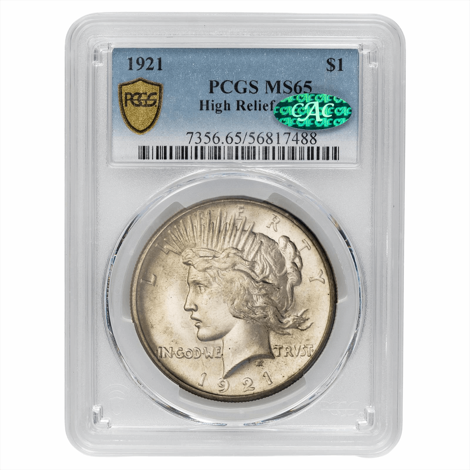 1921 High Relief Silver Peace Dollar $1 PCGS MS 65 CAC