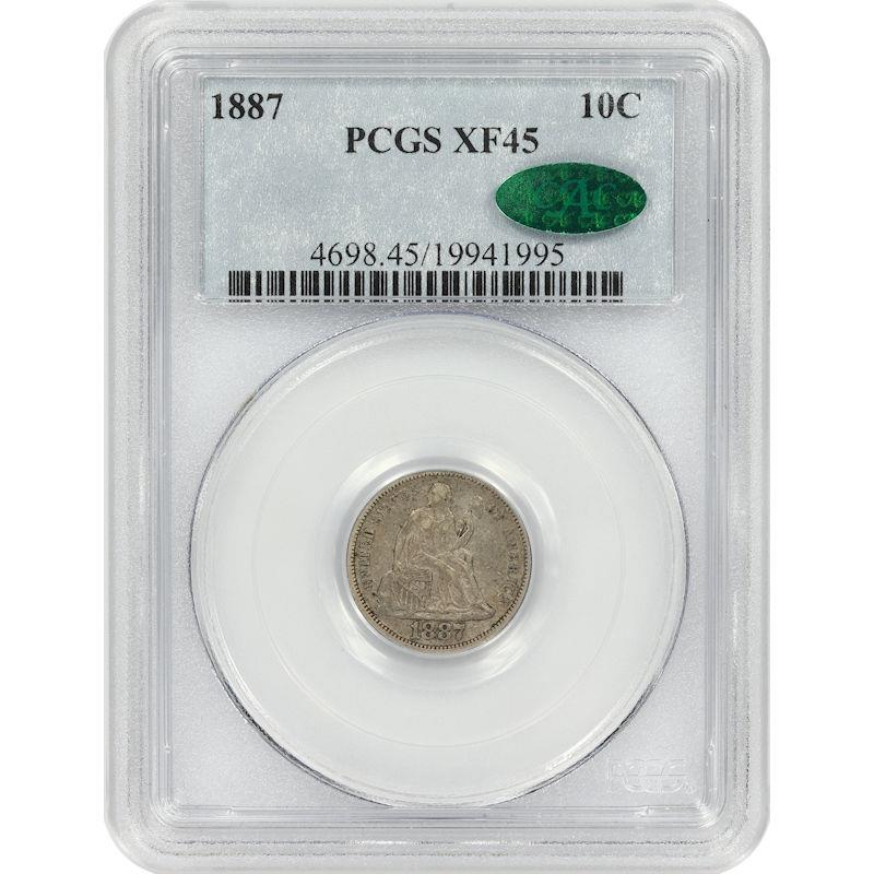 1887 Seated Liberty Dime 10C PCGS and CAC XF45 Choice Extra Fine