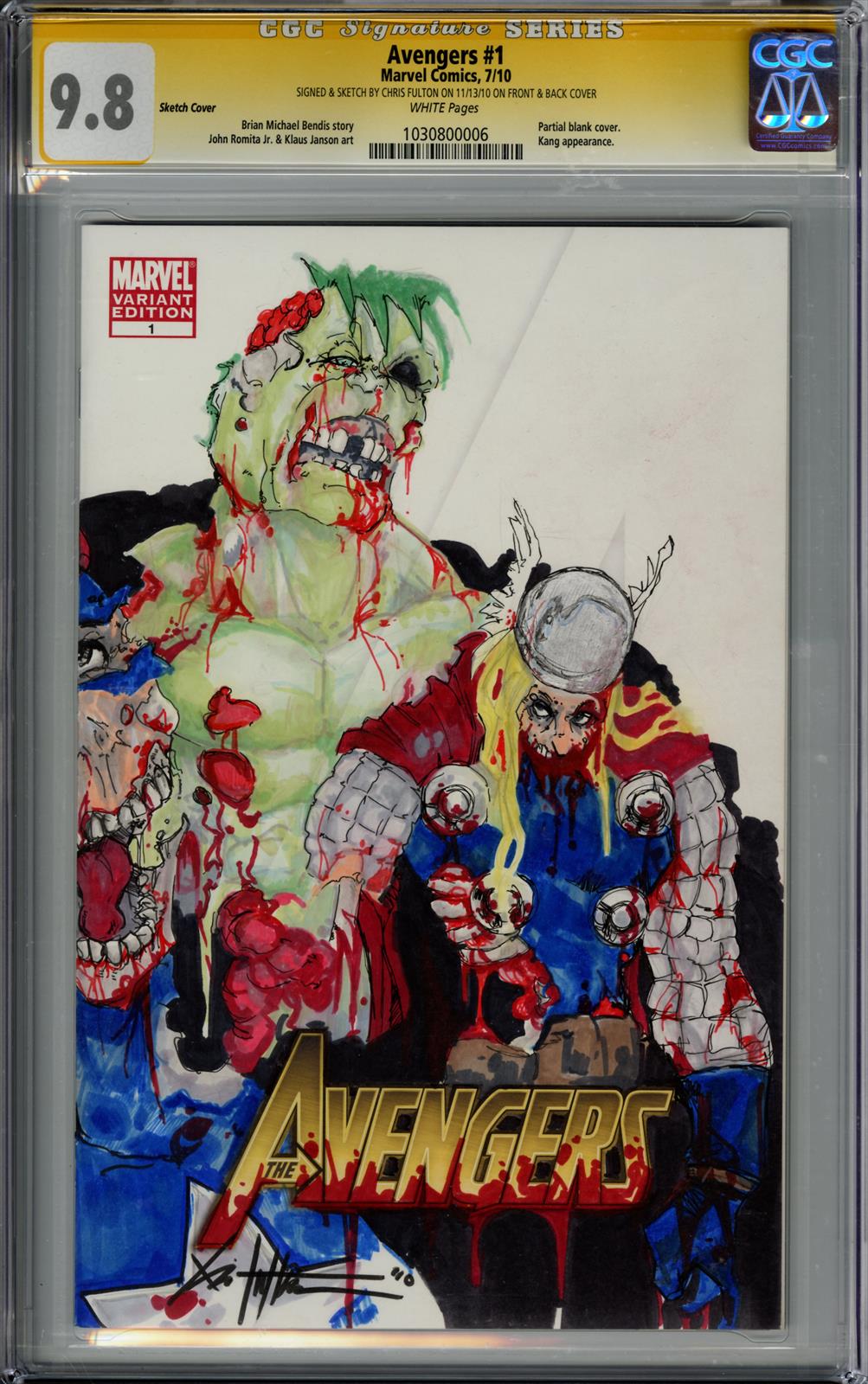 Avengers #1 CGC Signature Series 9.8 (Marvel, 2010) Signed and Sketch by Chris Fulton(Front & Back) 