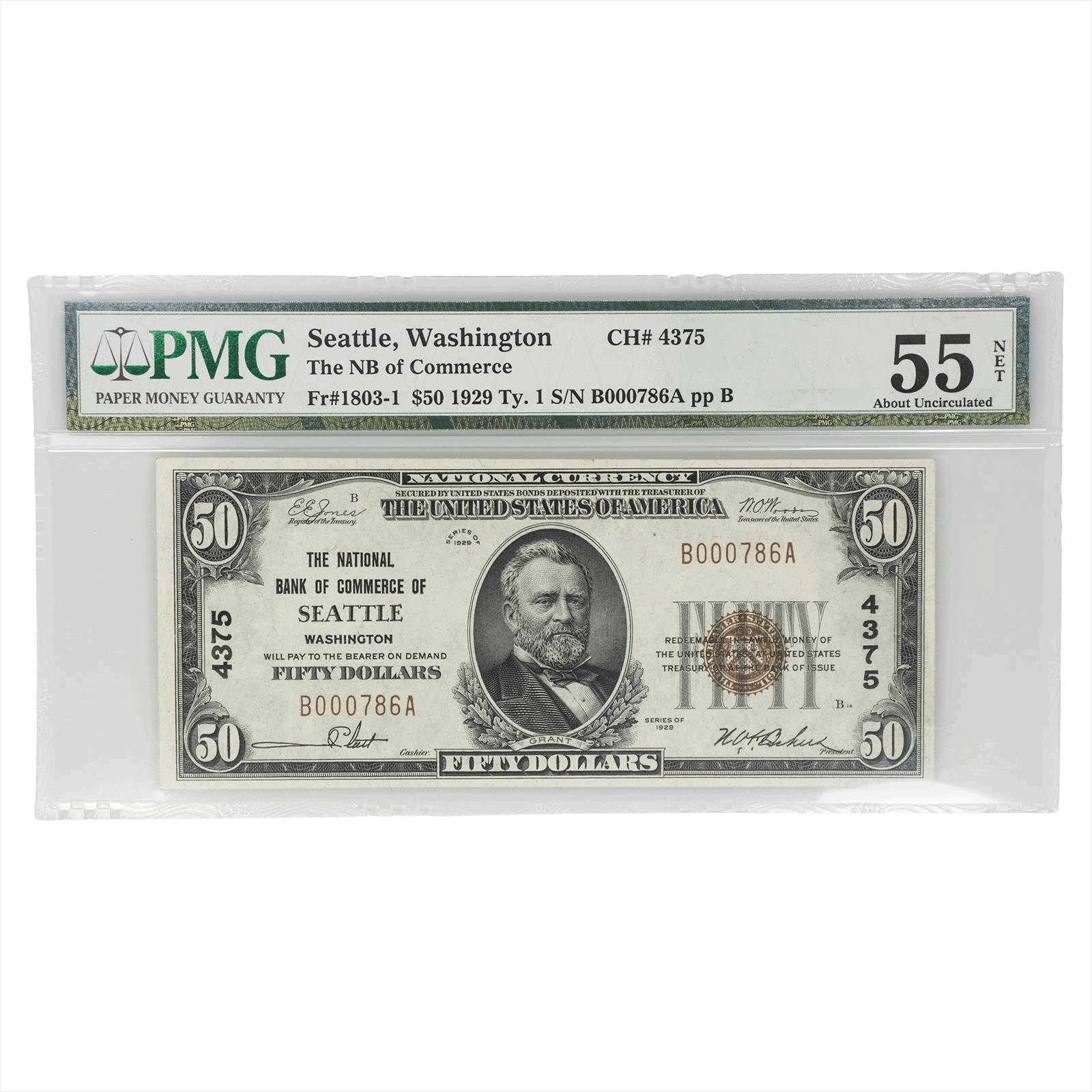 1929 $50 Type 1 National Note Seattle WA Fr#1803-1 CH#4375 PMG AU 55