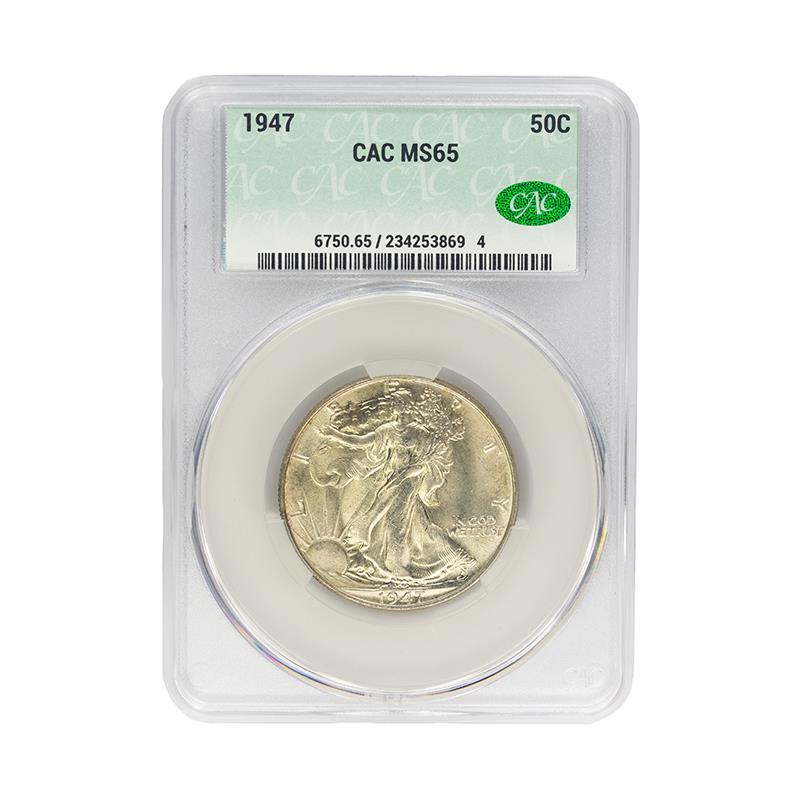 1947 Walking Liberty Half Dollar 50C CACG MS 65, CAC Certified Green