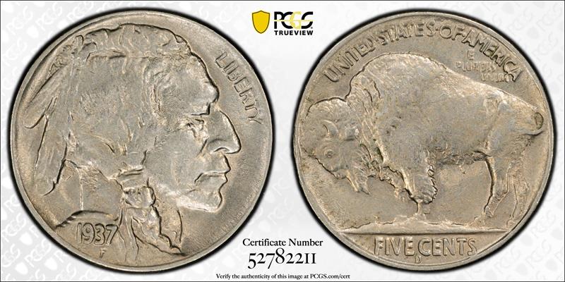 1937-D 5c 3 Leg PCGS AU58 CAC