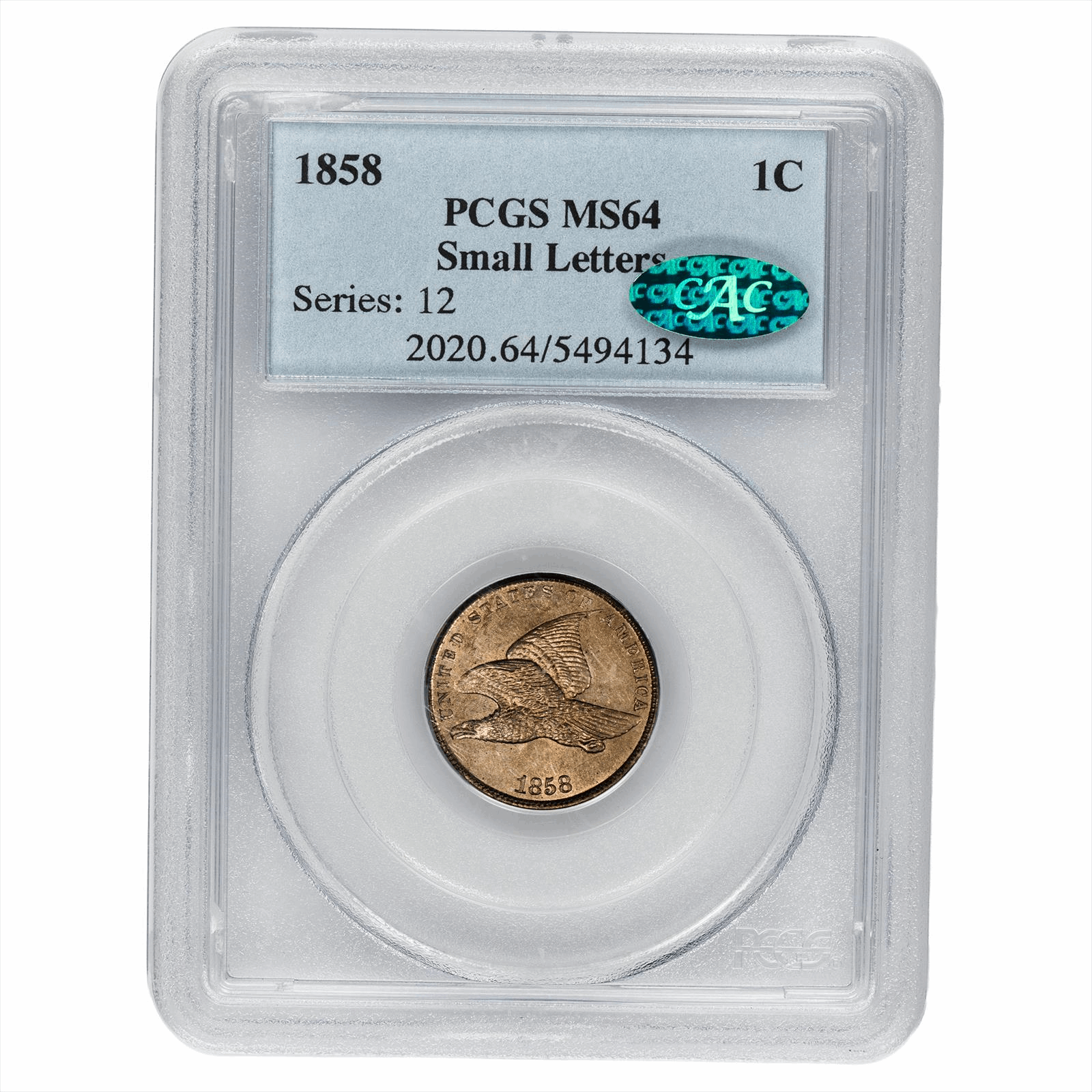 1858 Small Letters Flying Eagle Cent 1C PCGS MS 64 CAC