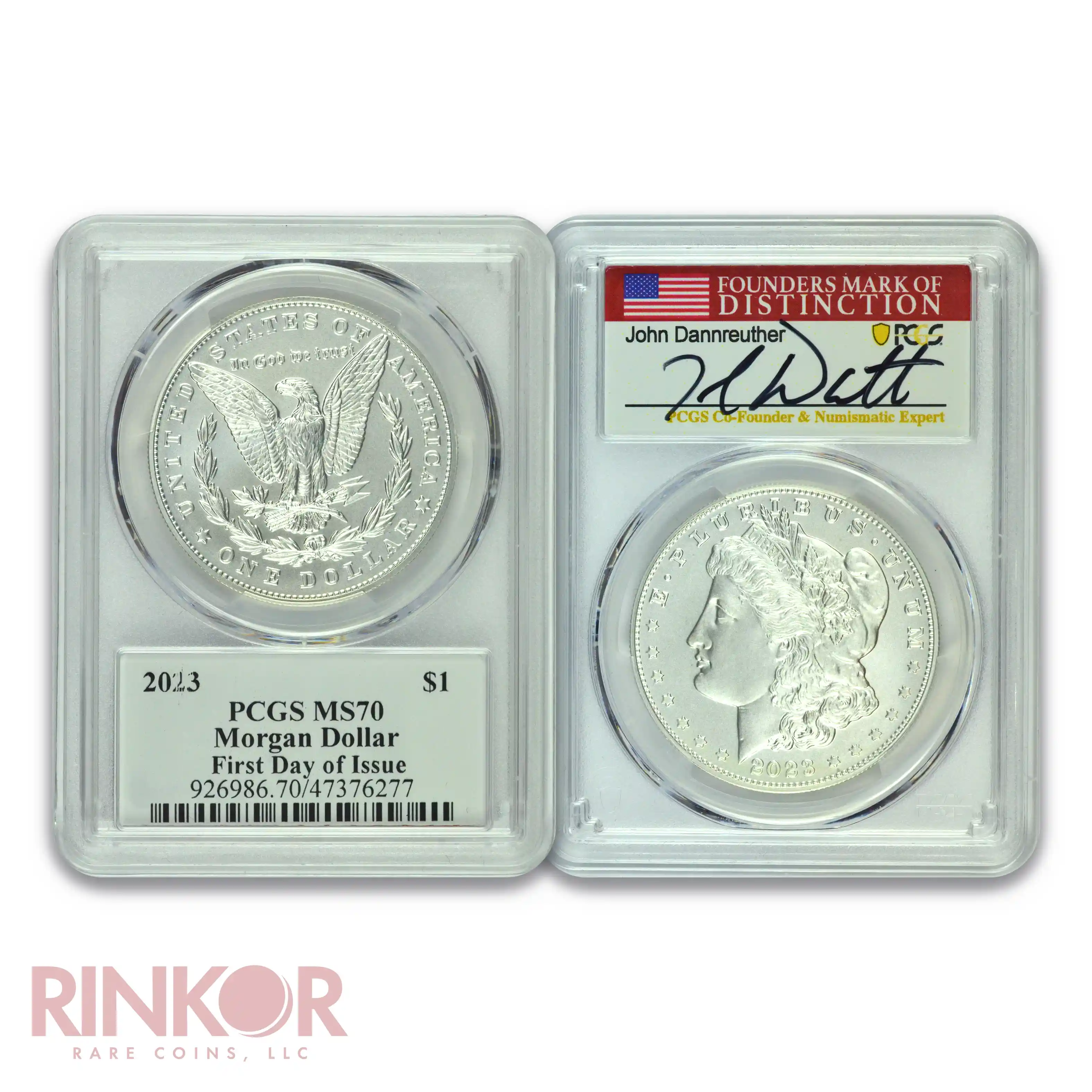 2023 $1 Morgan and Peace Dollar 2-Coin Set FDOI Dannreuther Sig PCGS MS 70