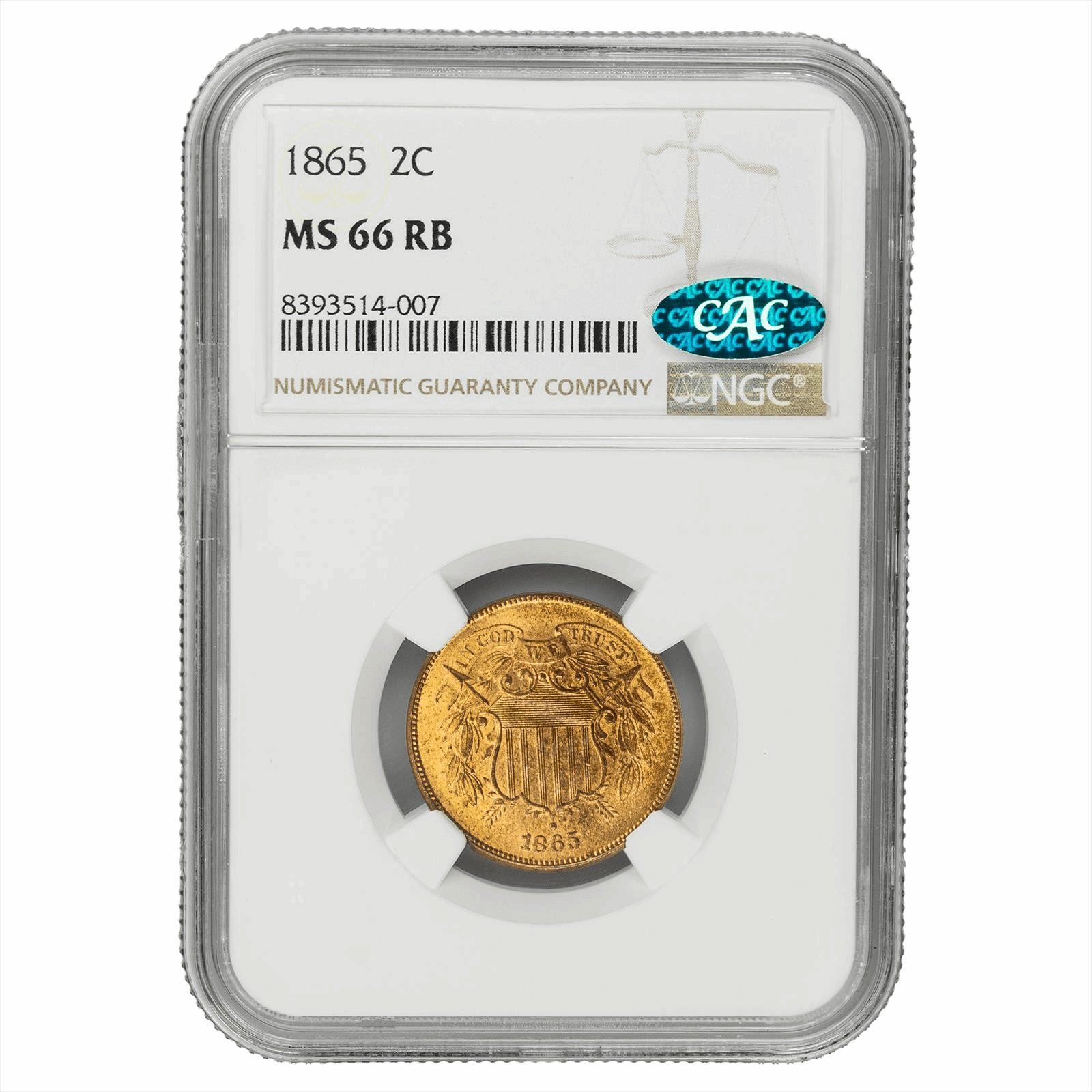 1865 Two Cent Shield 2C NGC MS 66 RB CAC