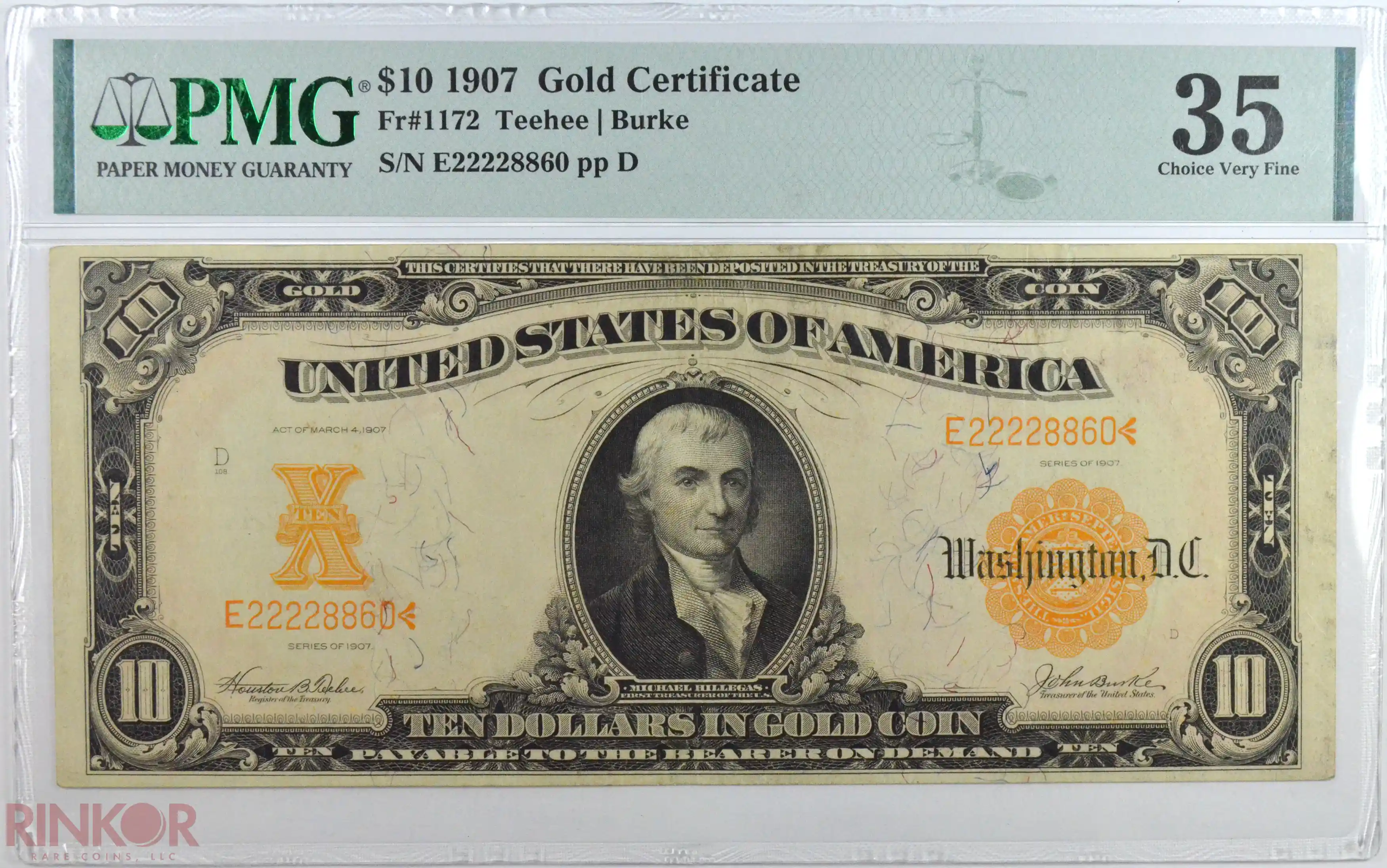 1907 $10 Fr. 1172 Gold Certificate PMG VF-35