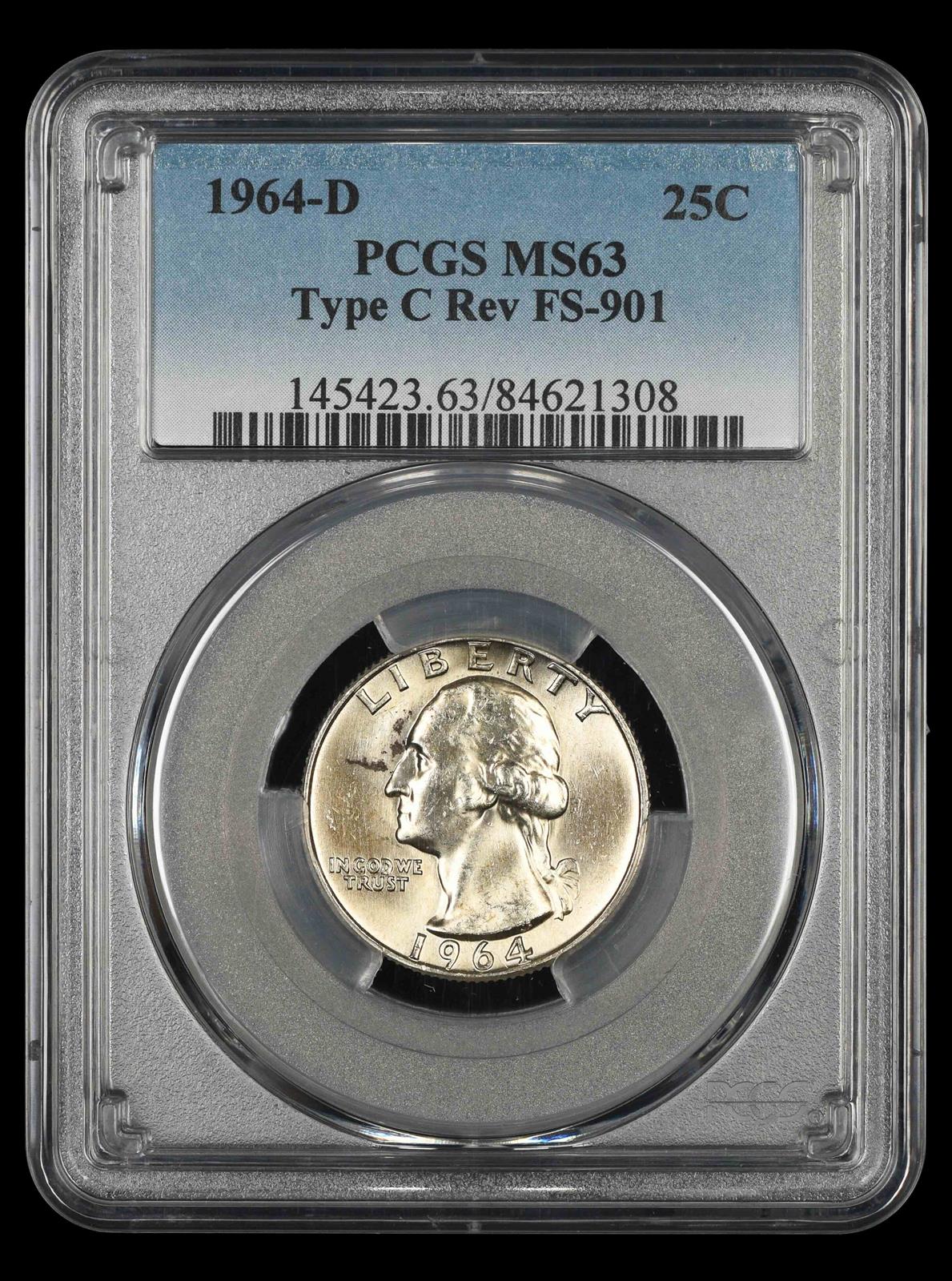 1964 D Washington Quarter PCGS MS63 Type C Reverse FS-901 MS63
