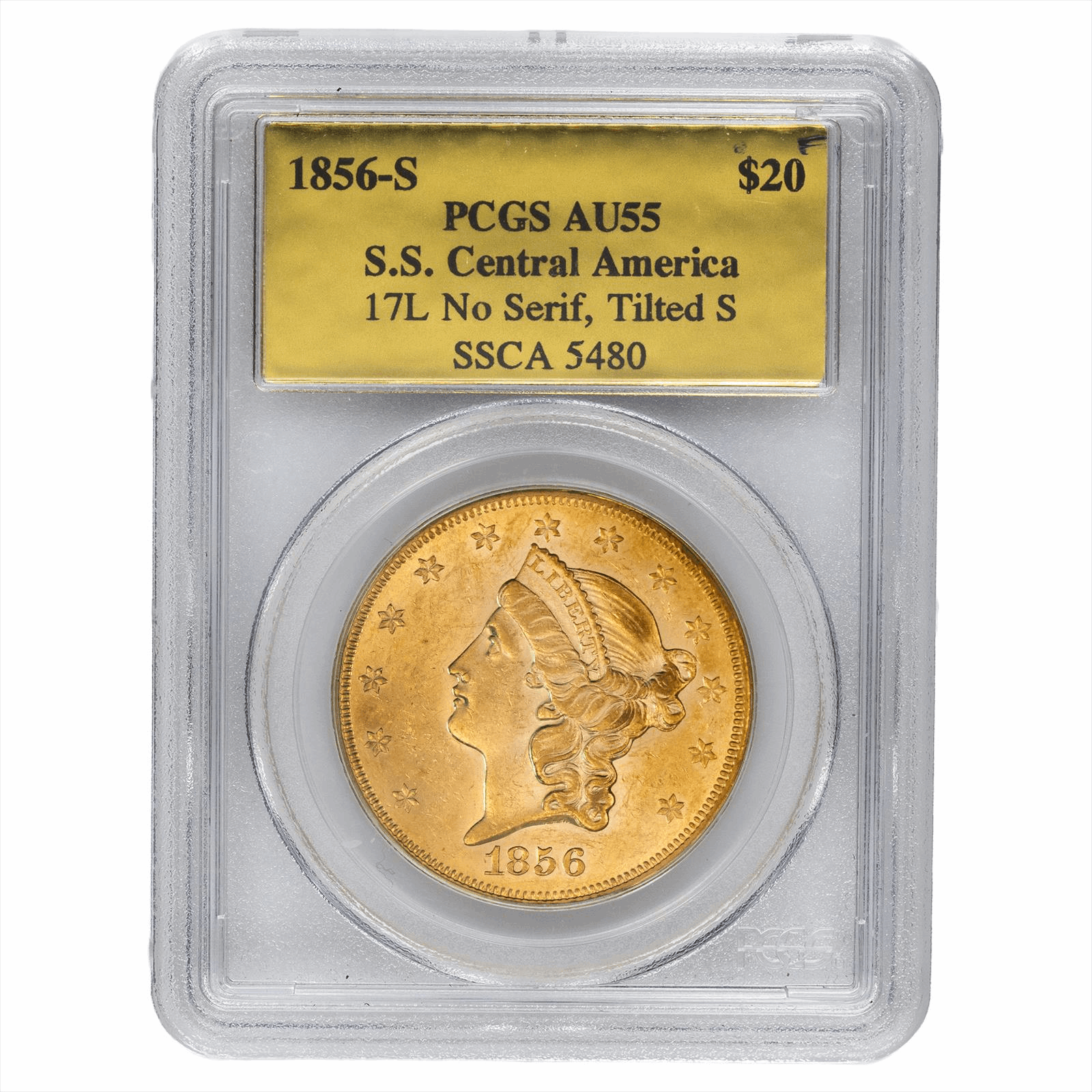 1856-S Liberty Head Gold Double Eagle SSCA 5480 $20 17L No Serif, Tilted S PCGS AU 55