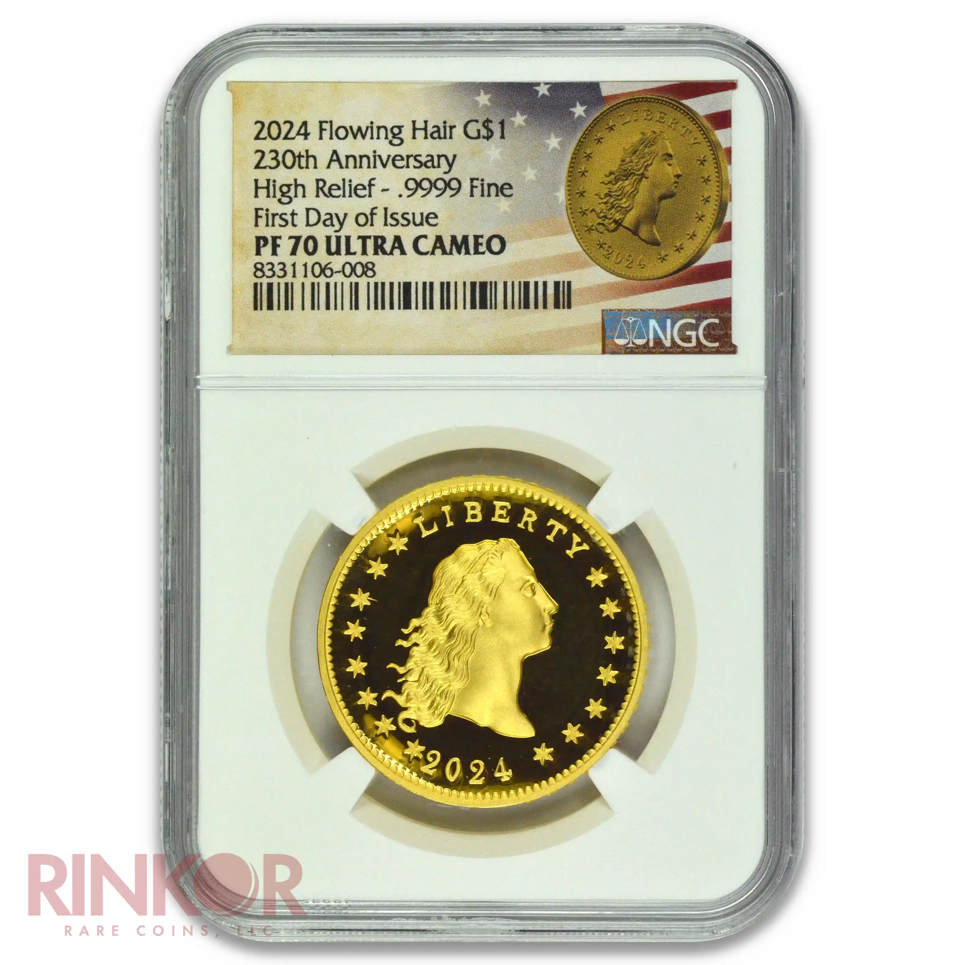 2024 1oz Flowing Hair 230th Anniversary Gold High Relief First Day of Issue NGC PF 70