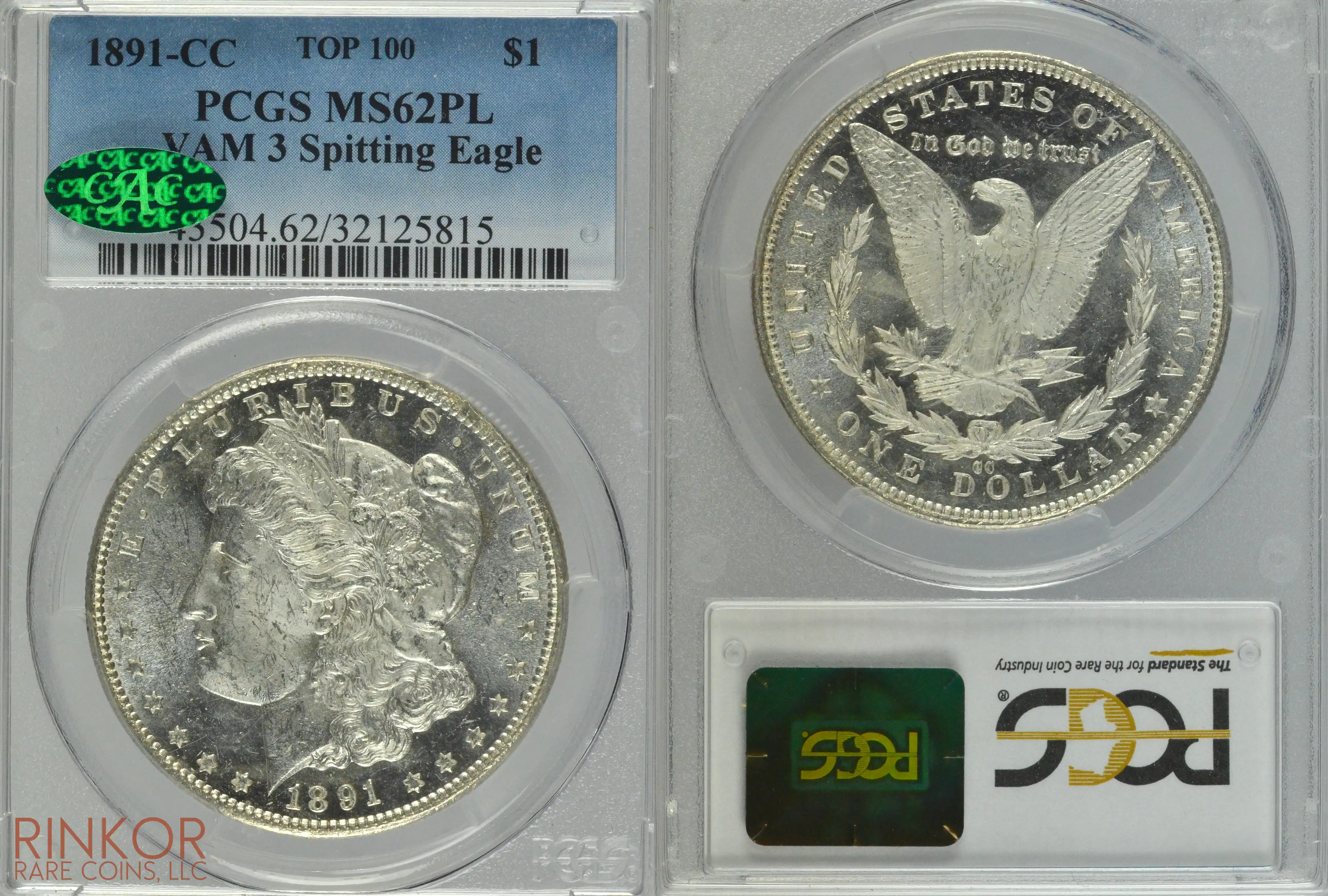 1891-CC VAM 3 Spitting Eagle $1 PCGS MS 62 PL CAC