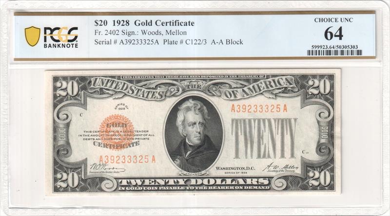 Fr. 2402 1928 $20 Gold Certificate PCGS Choice Unc 64 