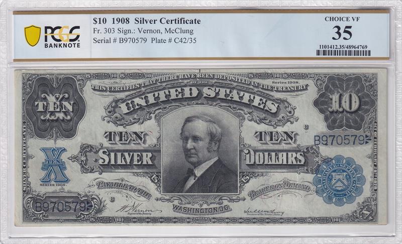 Fr. 303 1908 $10 Tombstone Silver Certificate PCGS Choice VF35 