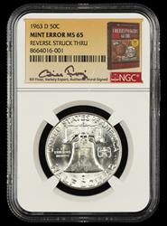1963 D 50C Mint Error Reverse Struck Thru Bill Fivaz Signature Label NGC MS 65