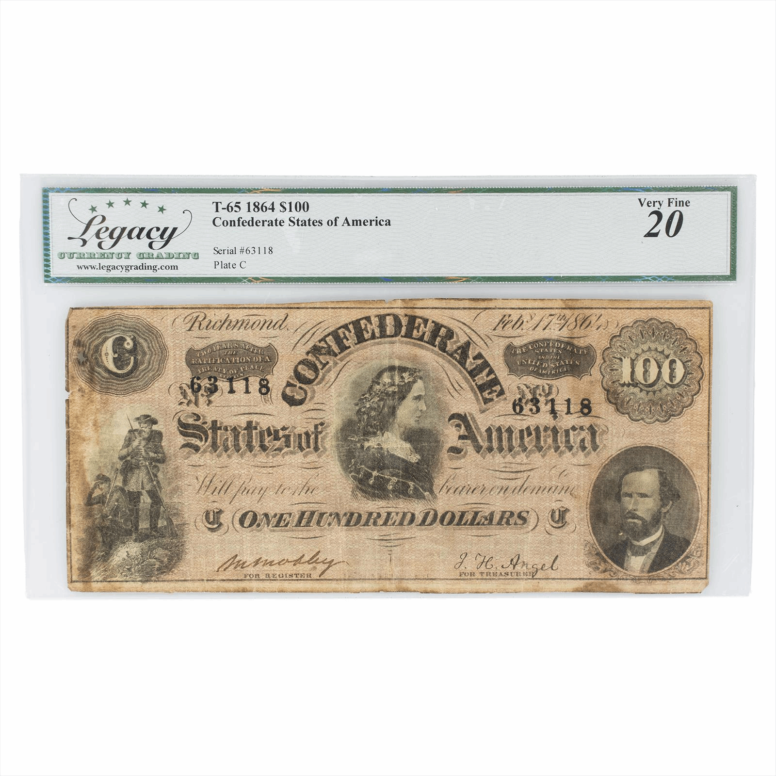 1864 T65 Confederate States of America Note $100 Legacy VF 20