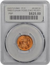 1942-D Lincoln PCGS (CAC) RD 67+ 