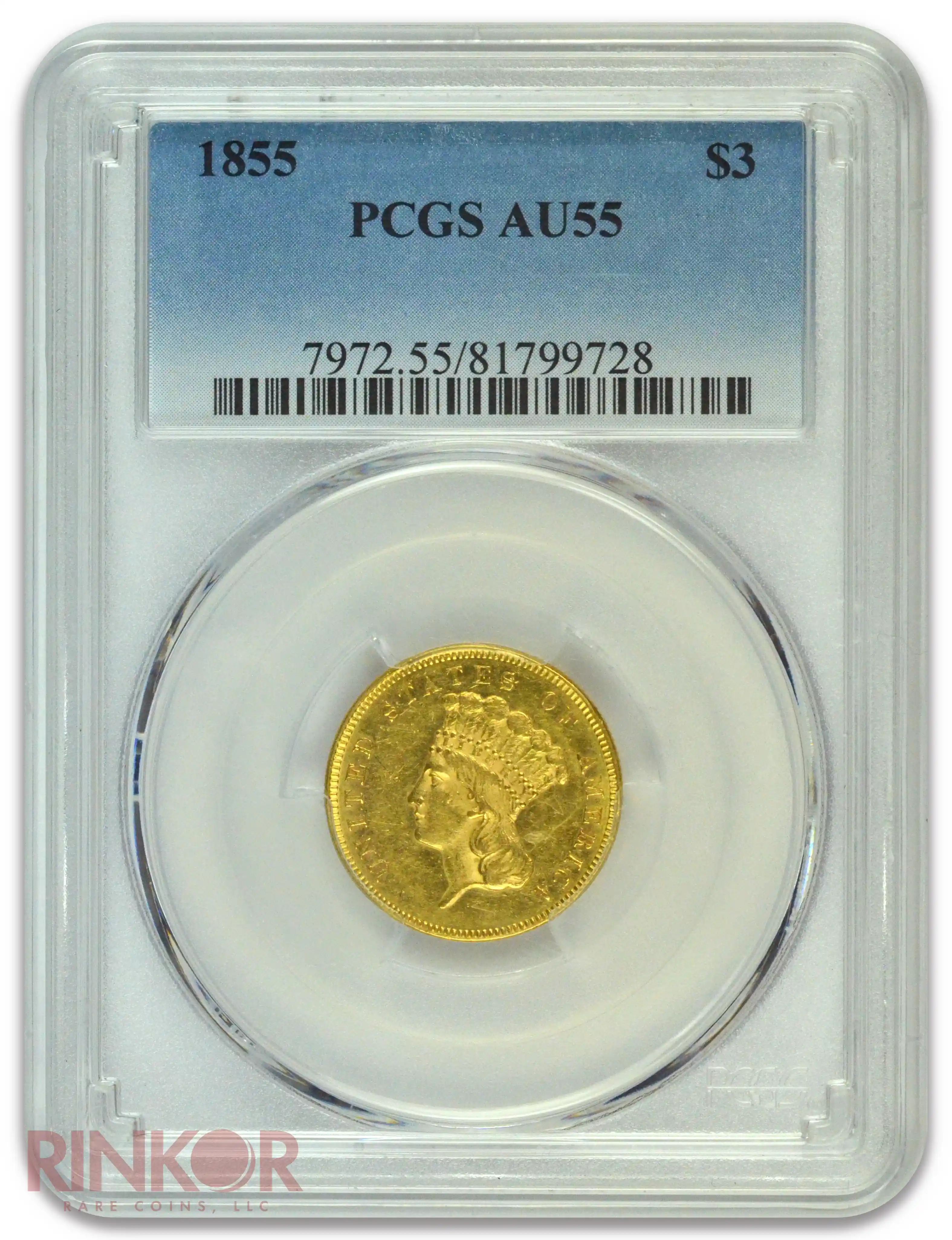 1855 $3 Indian Princess Head PCGS AU-55