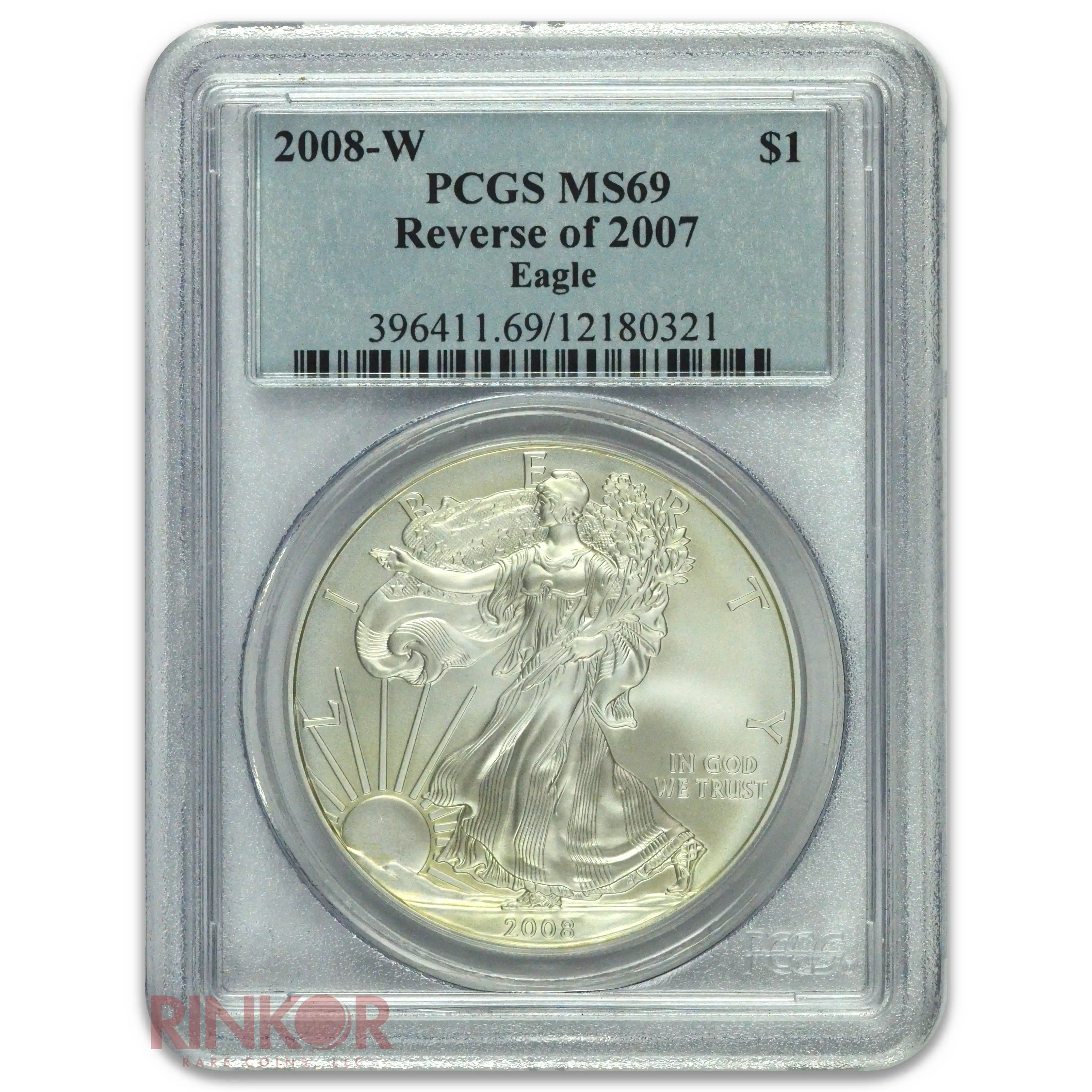 2008-W $1 Burnished Silver Eagle Reverse of 2007 PCGS MS 69