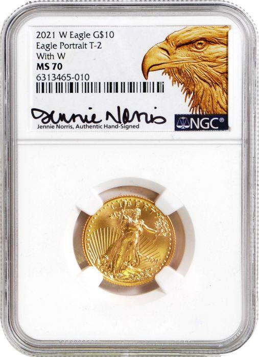 2021-W $10 1/4oz. American Gold Eagle, T2 MS70 NGC Jennie Norris Error Coin Unfinished Proof Dies
