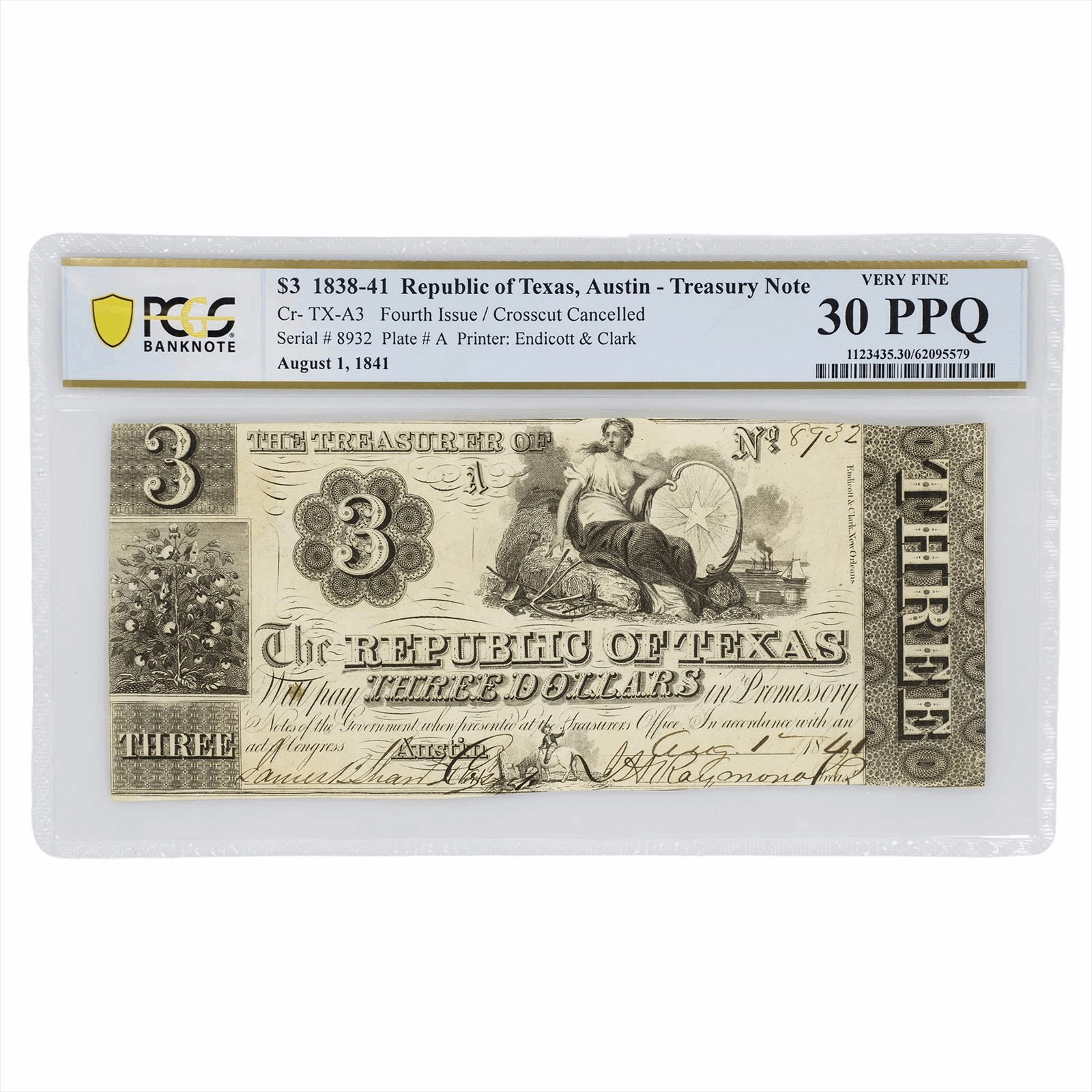 1841 Republic of Texas $3 Austin Red Back Treasury Note PCGS VF 30