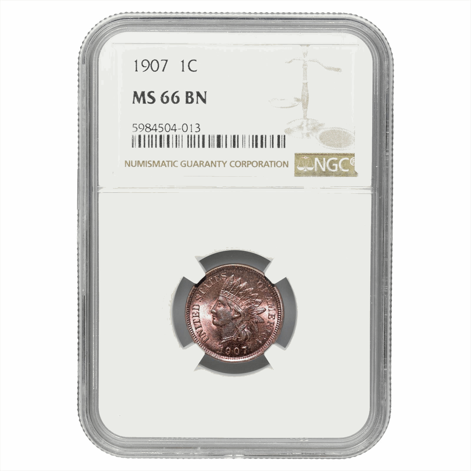 1907 Indian Head Cent 1C NGC MS 66 BN