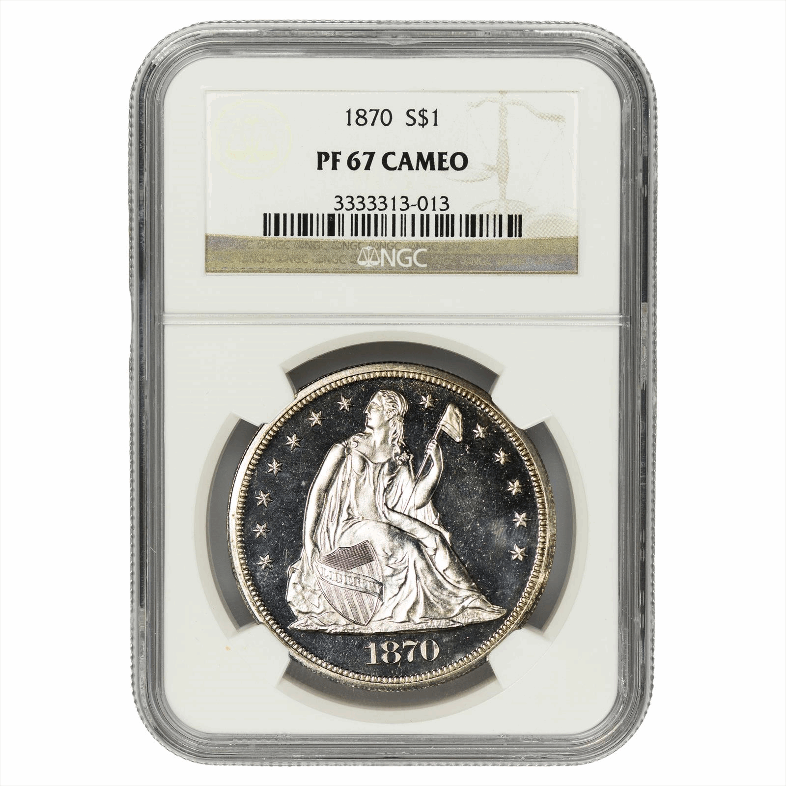 1870 Seated Liberty Dollar $1, NGC PF67 Cameo - Tied for Finest