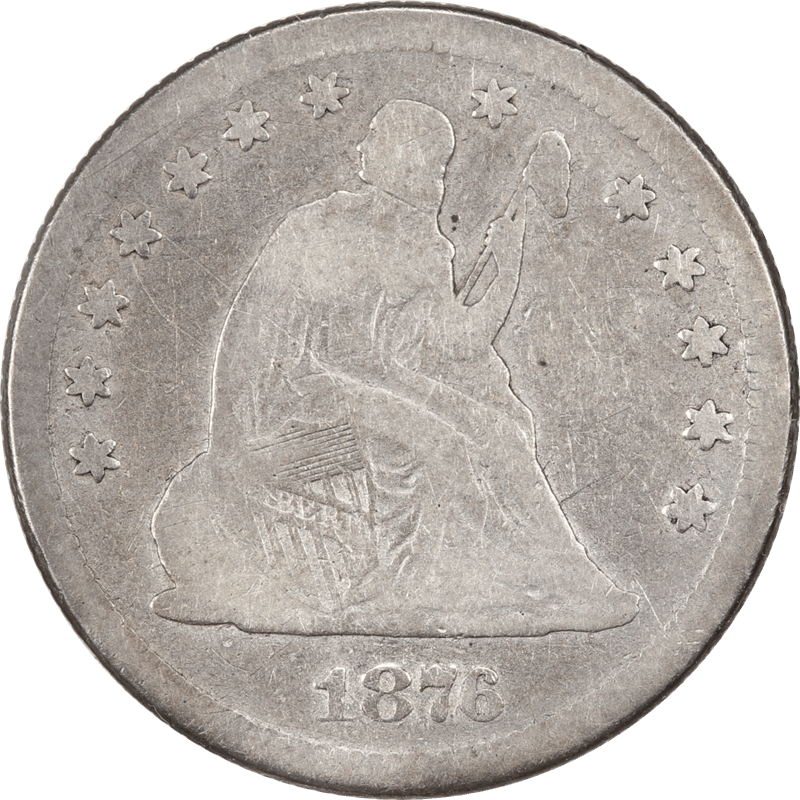 1876 Motto, Seated Liberty Quarter 25c Circulated, Very Good - Original
