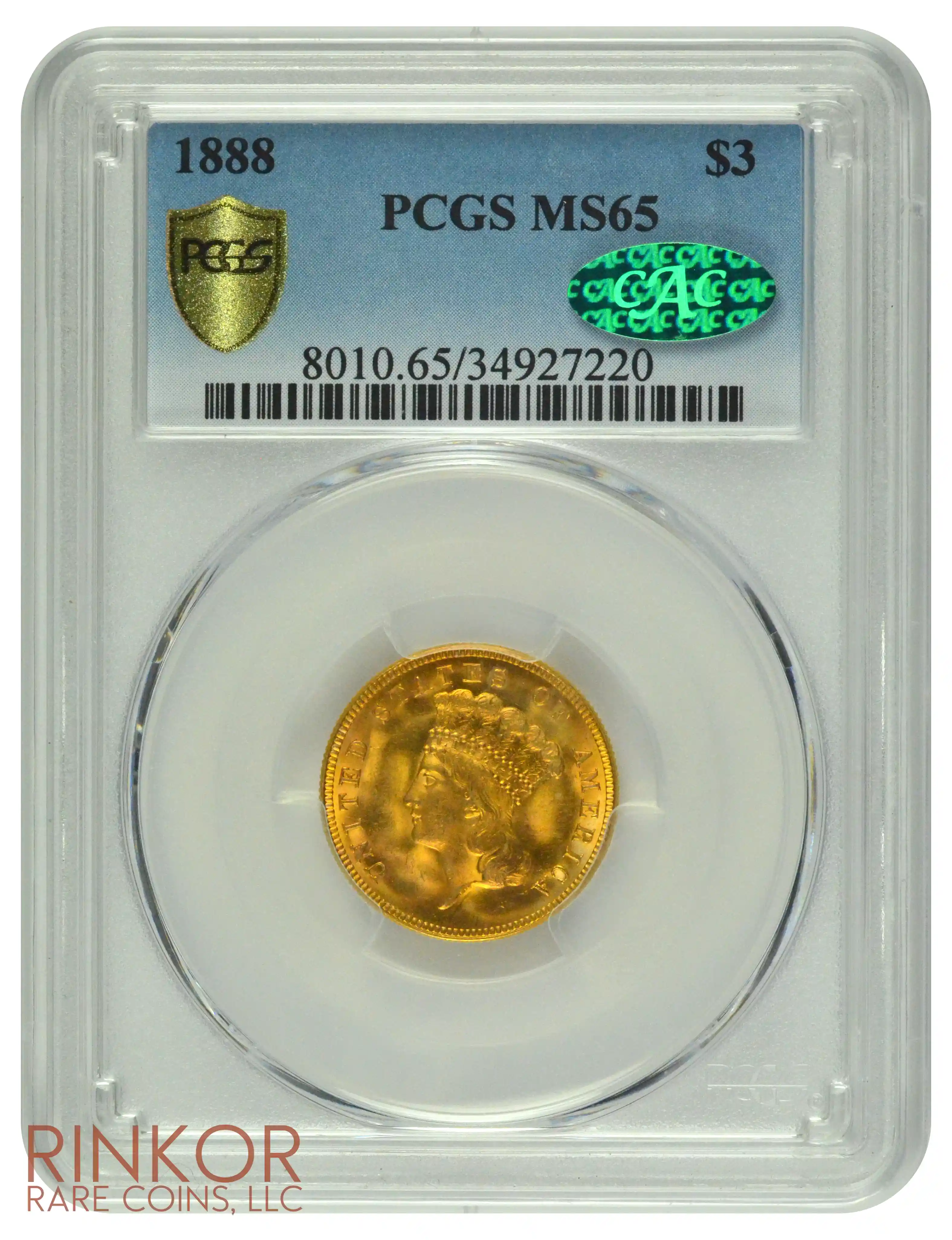 1888 $3 Indian Princess Head PCGS MS 65 CAC