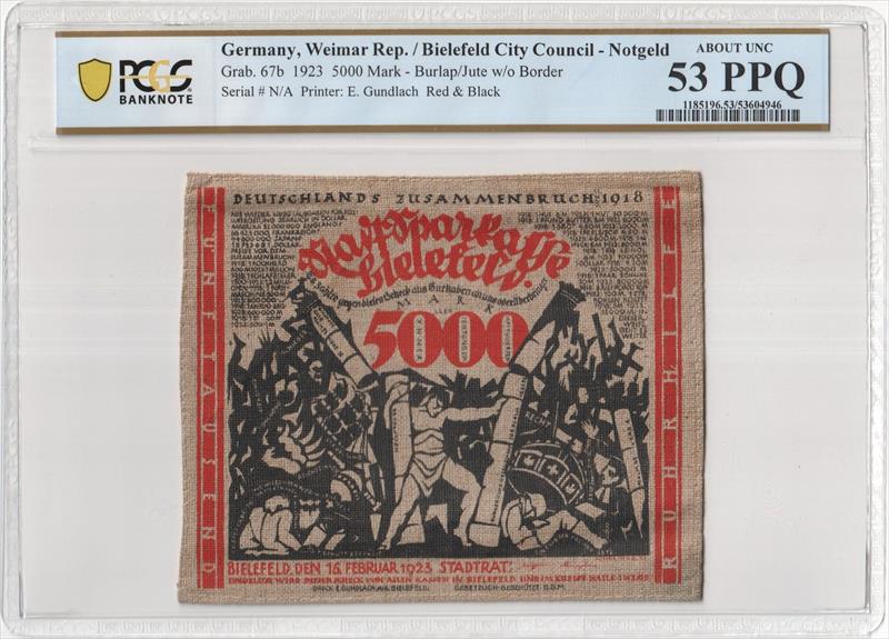 Germany, Weimar Rep./ Bielefeld City Council - Notgeld Grab. 67b 1923 5000 Mark PCGS AU-53