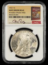 1923 $1 Mint Error Reverse Struck Thru Bill Fivaz Signature Label NGC MS 62