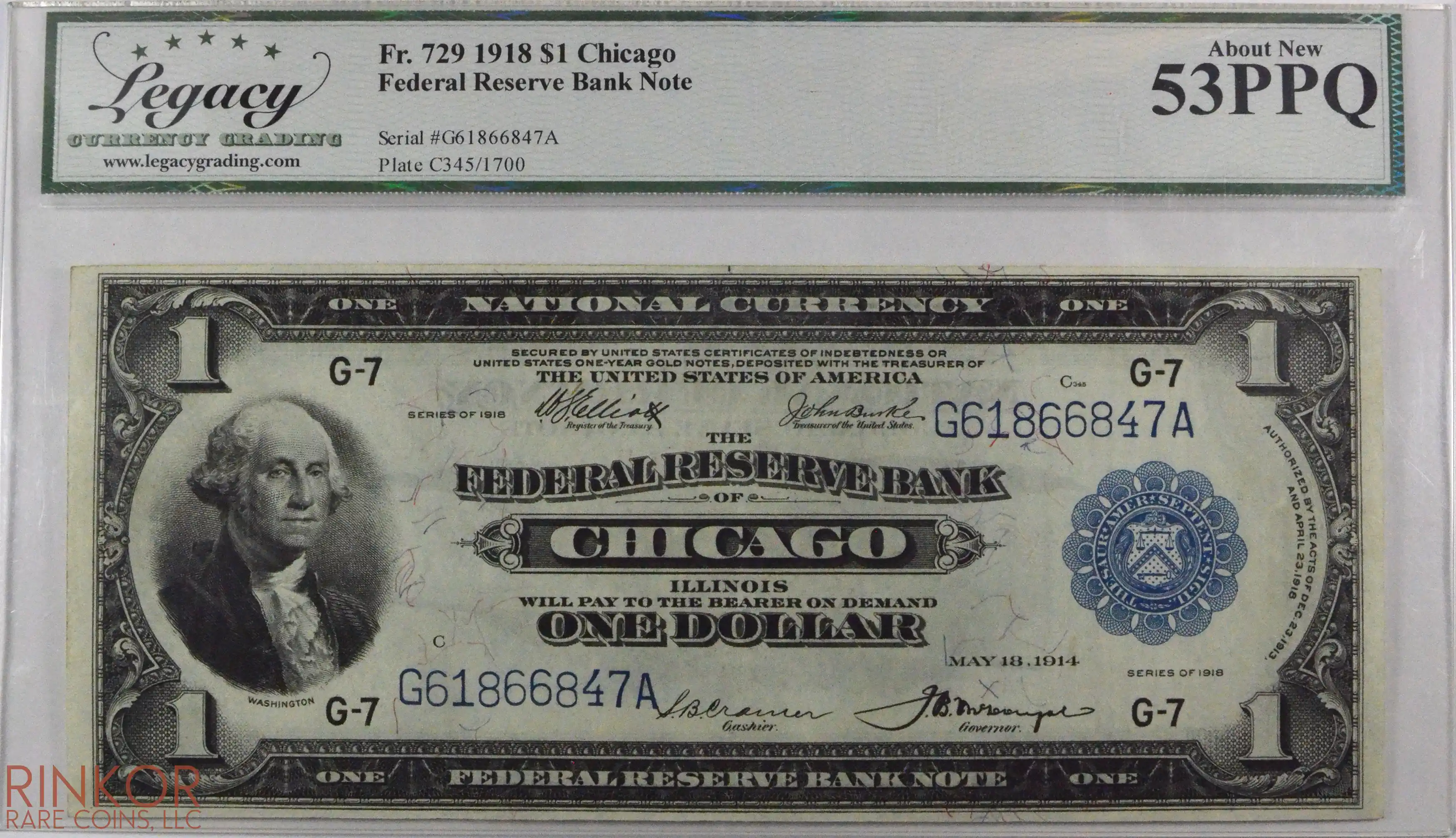 1918 $1 Fr. 729 Chicago Federal Reserve Bank Note LCG AU-53 PPQ