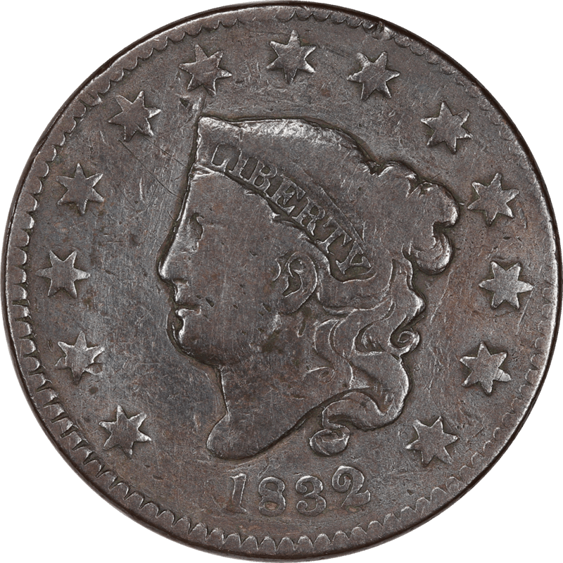 1832 Medium Letters Coronet Head Cent 1c Circulated, Very Good 