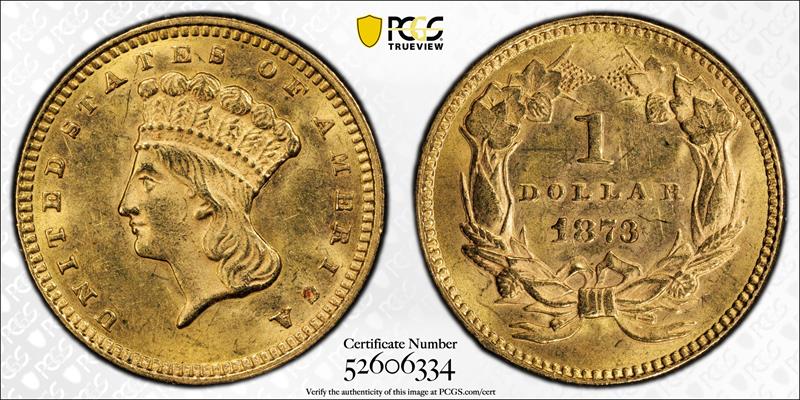 1873 Open 3 G$1 PCGS MS 63 CAC
