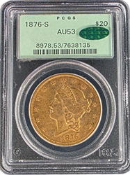 1876-S Liberty Head $20 TYPE 2 PCGS AU53 CAQC OGH