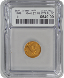 1909 	Gold $2 1/2 ICG AU 50
