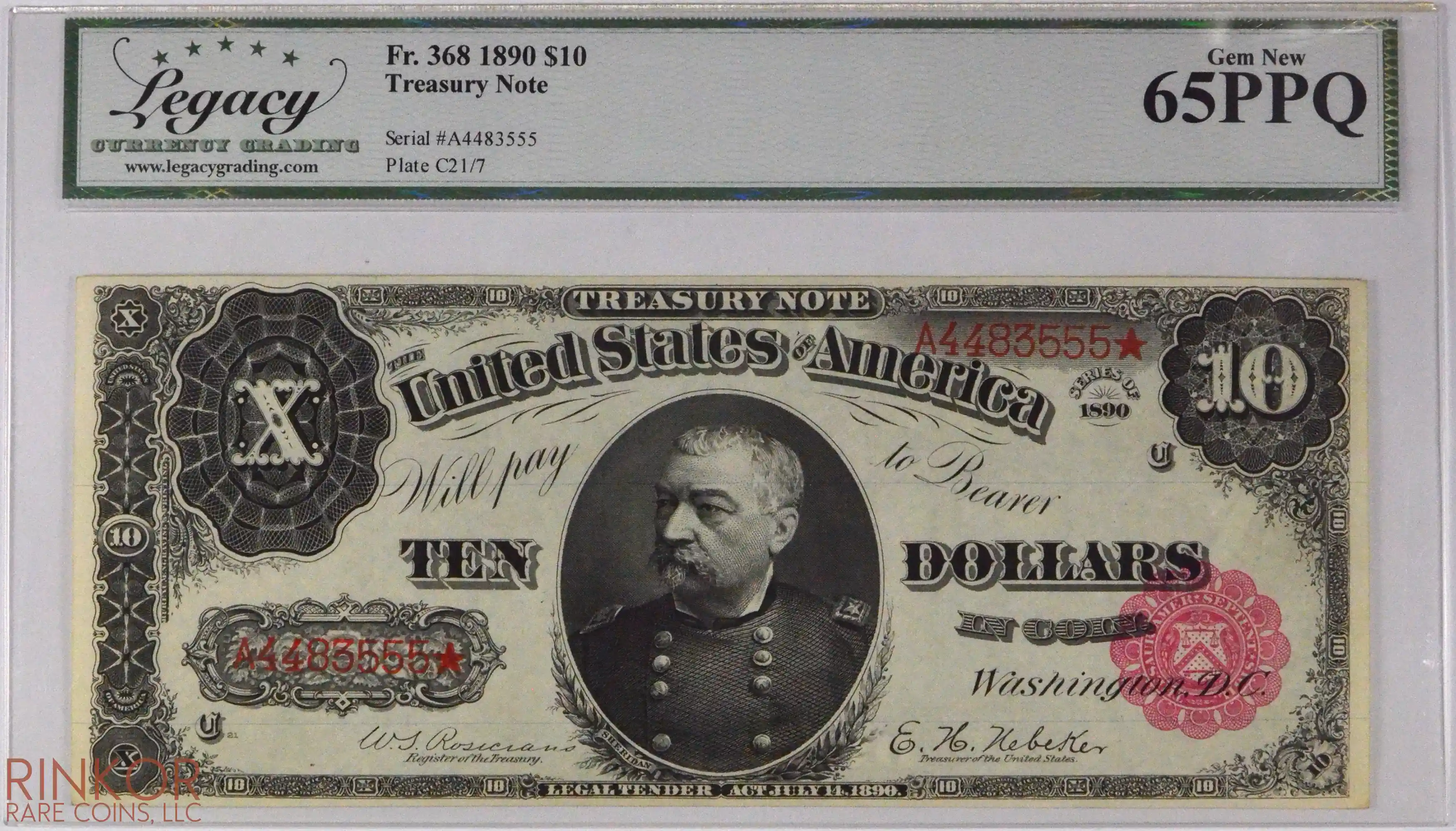 1890 $10 Fr. 368 Treasury Note LCG CU 65 PPQ