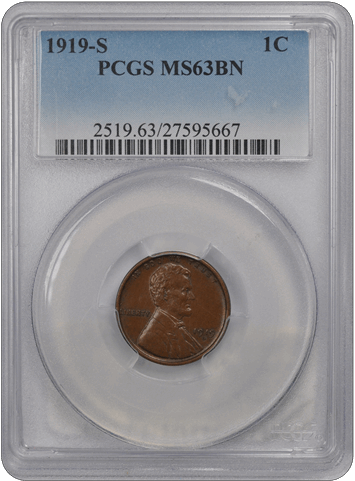 1919-S 1C Lincoln Cent - Type 1 Wheat Reverse PCGS BN #3452-5 MS63