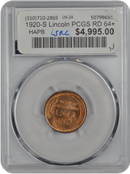 1920-S Lincoln PCGS RD 64+