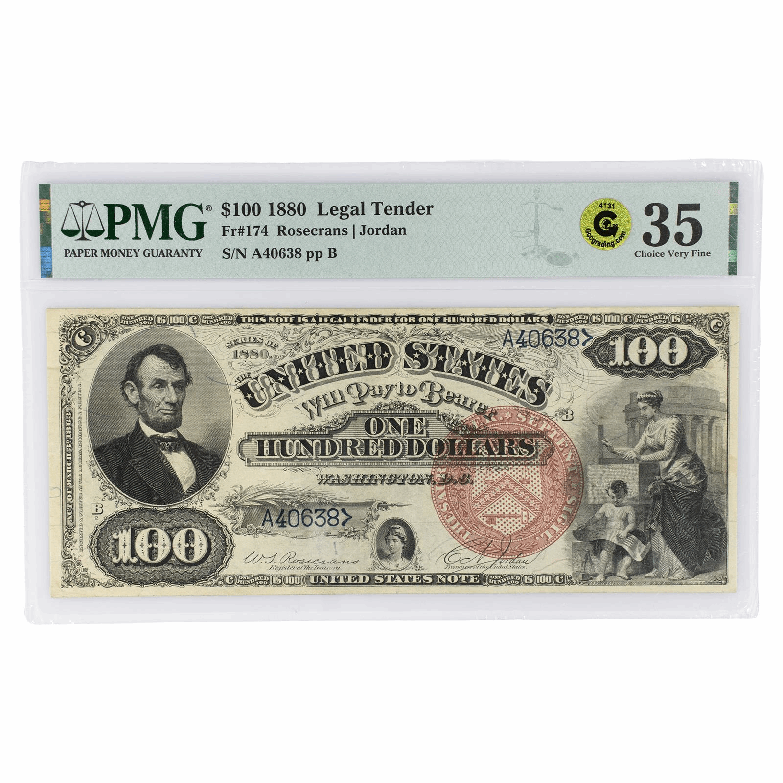 1880 $100 Legal Tender, Fr. 174 PMG  35, S/N A40638- A Very Rare Note