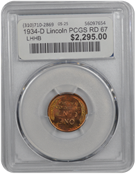 1934-D Lincoln PCGS RD 67